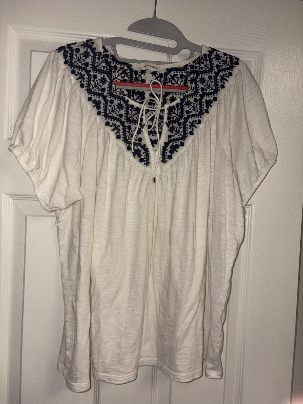 Lucky Brand White Peasant Top with Navy Embroidery medium